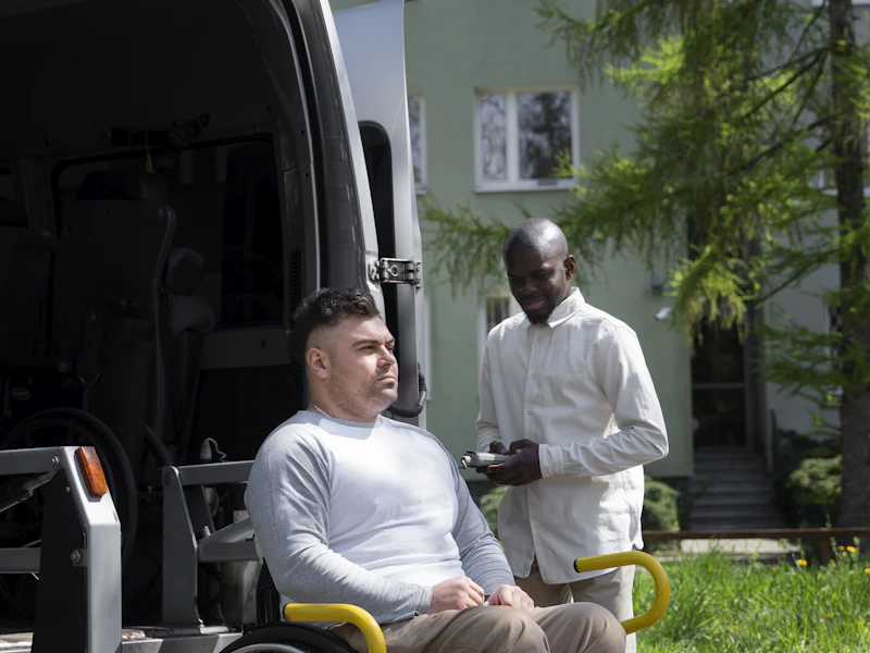 Un homme en fauteuil roulant devant le hayon élévateur d'un véhicule adapté, accompagné d'un intervenant.